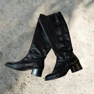 Black Genuine Leather Knee High Heel Boots